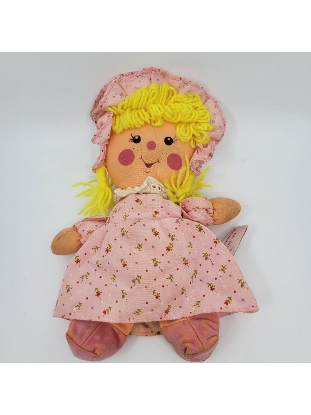 Dan Dee Happy Sad Cloth Rag Doll Vintage 1982 Pink Floral Dress & Bonnet Yarn Ha